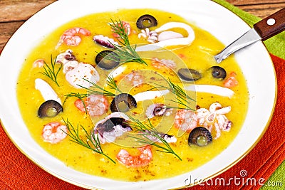 Cream Soup with Seafood Stock Photo