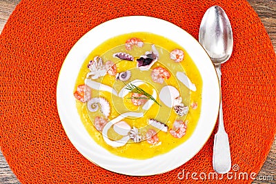 Cream Soup with Seafood Stock Photo