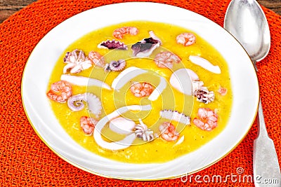 Cream Soup with Seafood Stock Photo