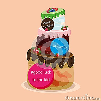 cream three-tiered birthday cake decorated with garden berries Vector Illustration