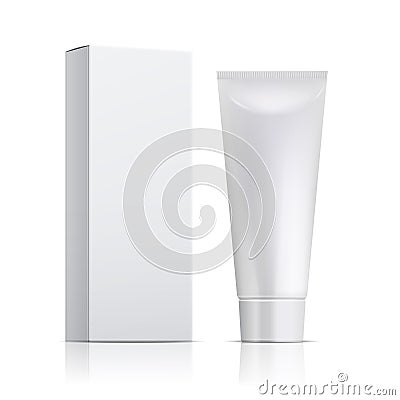 Cream tube and packaging. Ointment or toothpaste box mockup. 3d white cosmetic gel vector template Vector Illustration