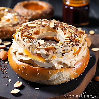 Creamy Almond Bagel With Honey And Cream - Dark Gold And Light Brown Style Stock Photo