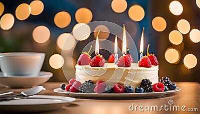 creamy birthday cake with berries and candles on the family kitchen table, people celebrate holidays together, Cartoon Illustration