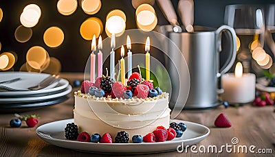 creamy birthday cake with berries and candles on the family kitchen table, people celebrate holidays together, Cartoon Illustration