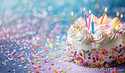 Creamy birthday cake with colorful confetti and festiv candles. Delicate purple blue background with copy space Stock Photo