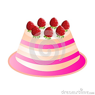 Creamy birthday cake with fresh eco strawberry on plate Vector Illustration