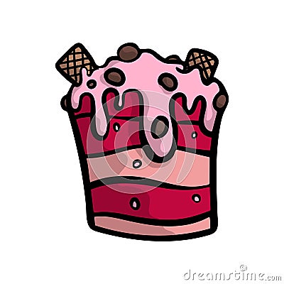 Creamy cake with red butter and pink fresh chocolate Vector Illustration