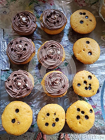 Creamy chocolatey and simple chocolate chips cup cakes food photography Stock Photo