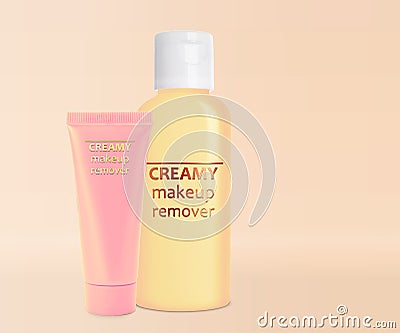 Creamy cleansers on beige background. Makeup remover Stock Photo