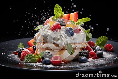 Creamy dessert and the crispness of freshly sliced fruits on plate. AI Generated Stock Photo