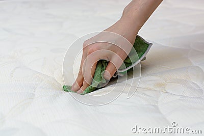 Creamy fabric cleaning with a Microfiber Cloth, Cleaning Sofa fabric Stock Photo
