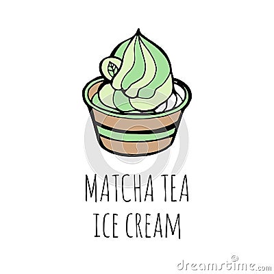 Creamy green matcha ice cream soft serve in glass, hand draw sketch vector. Vector Illustration