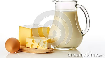 Creamy Harmony: Large Cheese Chunk and Milk Jug on white Background Stock Photo