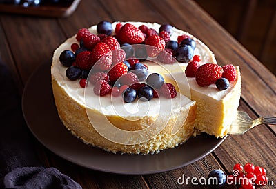 Creamy mascarpone cheese cake with strawberry and winter berries. New York Cheesecake. Close up. Stock Photo