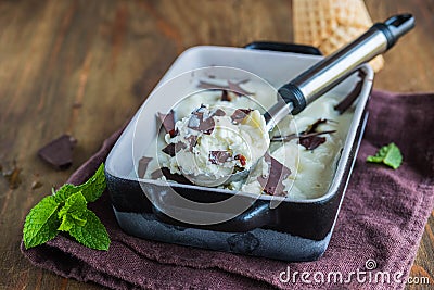 Creamy mint ice cream with chocolate chips in a black ceramic mold on a brown wooden background. Ice cream recipes Stock Photo