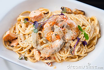 Creamy seafood pasta Stock Photo