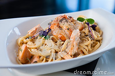 Creamy seafood pasta Stock Photo