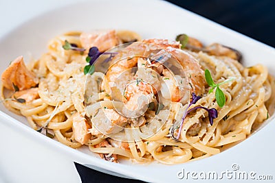 Creamy seafood pasta Stock Photo