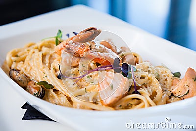 Creamy seafood pasta Stock Photo