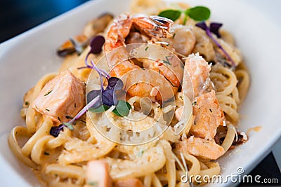 Creamy seafood pasta Stock Photo