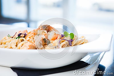 Creamy seafood pasta Stock Photo