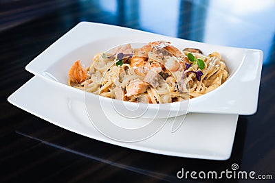 Creamy seafood pasta Stock Photo