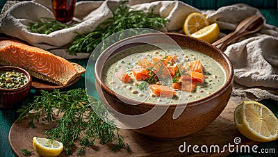 Creamy soup organic pieces salmon, lemon, dill on an old background natural seafood Stock Photo