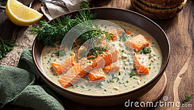 Creamy soup pieces salmon, lemon, dill bread an old background fresh fish healthy meal Stock Photo
