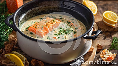 Creamy soup pieces salmon, lemon, dill dinner an old background fresh fish healthy meal Stock Photo