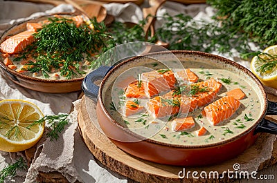 Creamy soup pieces salmon, lemon, dill eating an old background fresh fish healthy meal Stock Photo