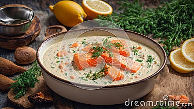 Creamy soup pieces salmon, lemon, dill food an old background fresh fish healthy meal Stock Photo