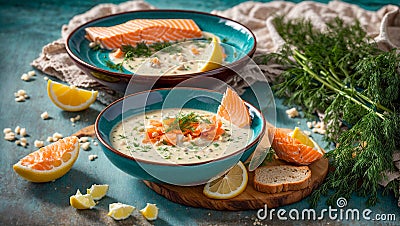 Creamy soup with pieces salmon, lemon, dill on an old background Stock Photo