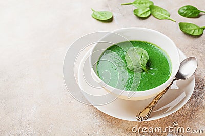 Creamy spinach soup in bowl. Healthy and diet food. Stock Photo