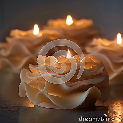 Create an alluring lowangle view showcasing a cluster of elegant candles, casting warm, flickering light Highlight the intricate Stock Photo