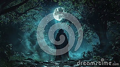 Create a captivating digital rendering of a wide-angle view wizard standing in a mystical forest, casting spells under a radiant Stock Photo