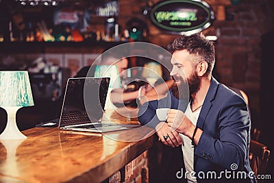 Create content web blog. Manager create post enjoy coffee. Hipster freelancer work online drinking coffee. Coffee break Stock Photo