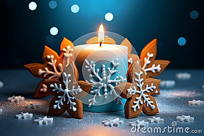 Magical Winter Wonderland: A Snowflake Snowman, Gingerbread Candle, and Gin Delight! Stock Photo