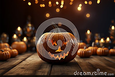 Create eerie presentations on a wooden table with a Halloween pumpkin Stock Photo