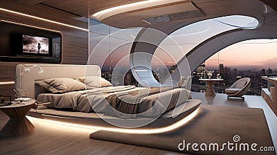 Create a high-tech luxury bedroom with smart home features, such as automated lighting, a retractable TV, and a futuristic sleep Stock Photo