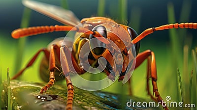 Photorealistic Macro Image Of Hornet On Blade Of Grass Stock Photo