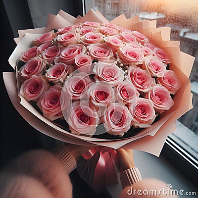 Create an image bouquet of many Red roses in wrapping paper, 100, for Instagram, high sharpness, ultra-sharp image. Stock Photo