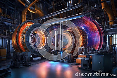 An image of a cutting-edge fusion reactor interior, showcasing the complex machinery and superheated plasma with vibrant Stock Photo