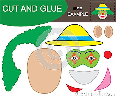 Create the image of face of clown using scissors and glue. Vector Illustration
