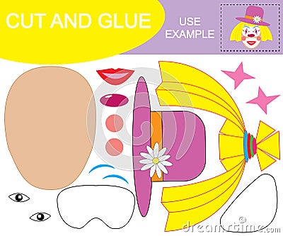 Create the image of face of girl clown using scissors and glue. Paper game for children. Vector illustration Vector Illustration