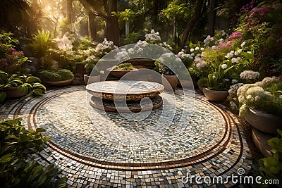 Create an image of a mosaic podium in a serene garden setting, Stock Photo