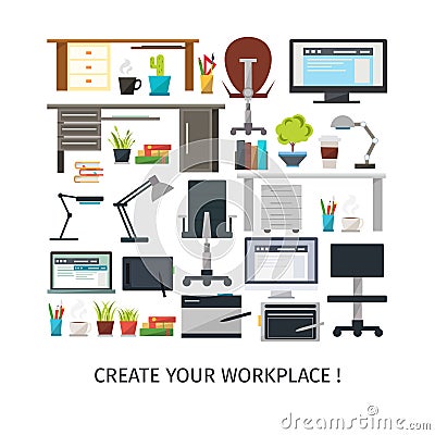 Create Interior Working Place Icon Set Vector Illustration