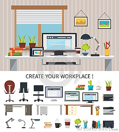 Create Interior Workplace Concept Vector Illustration