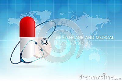 Create a medical stethoscope image round medicine on a cyan background with the world map and grid. Vector Illustration