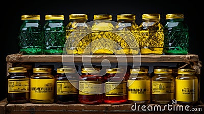 Create a minimalist image of a closed cabinet or container for storing chemicals. The cabinet should feature visible warning signs Stock Photo