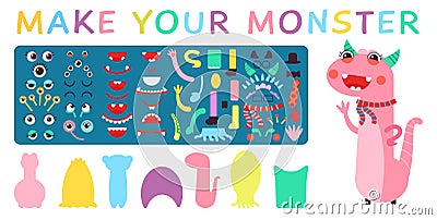 Create monster. Creation kit for kids, children play with eyes, body and mouth. Monsters game, parts of body and face Vector Illustration